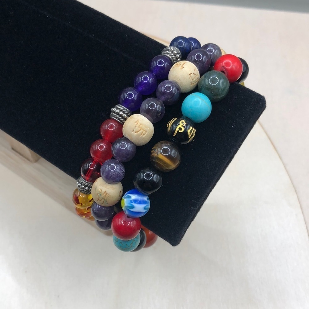 Curated bundle Asian symbols stackable layering boho bracelets 3, colorful.